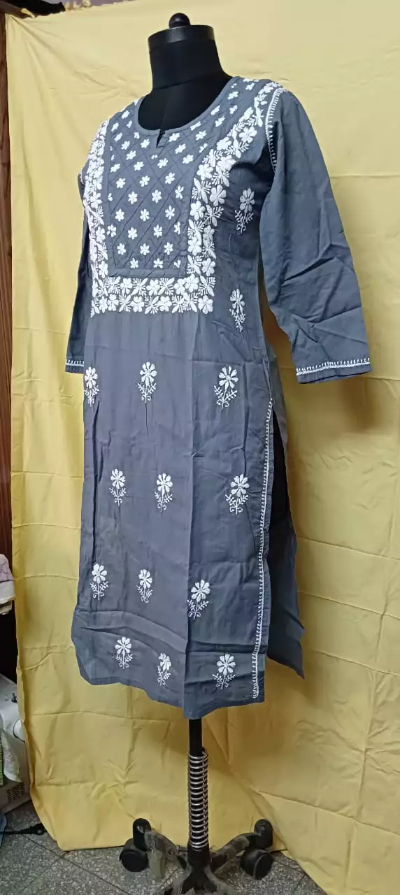Shoplaila grey cotton kurti , chickan kari work with white thread