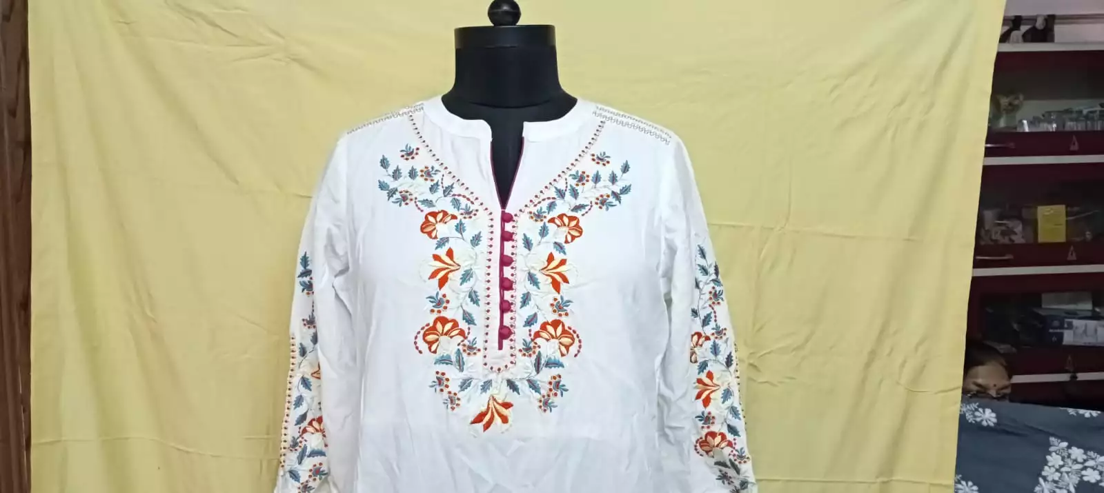 Shoplaila white cotton kurti with multi colour thread embroidered work